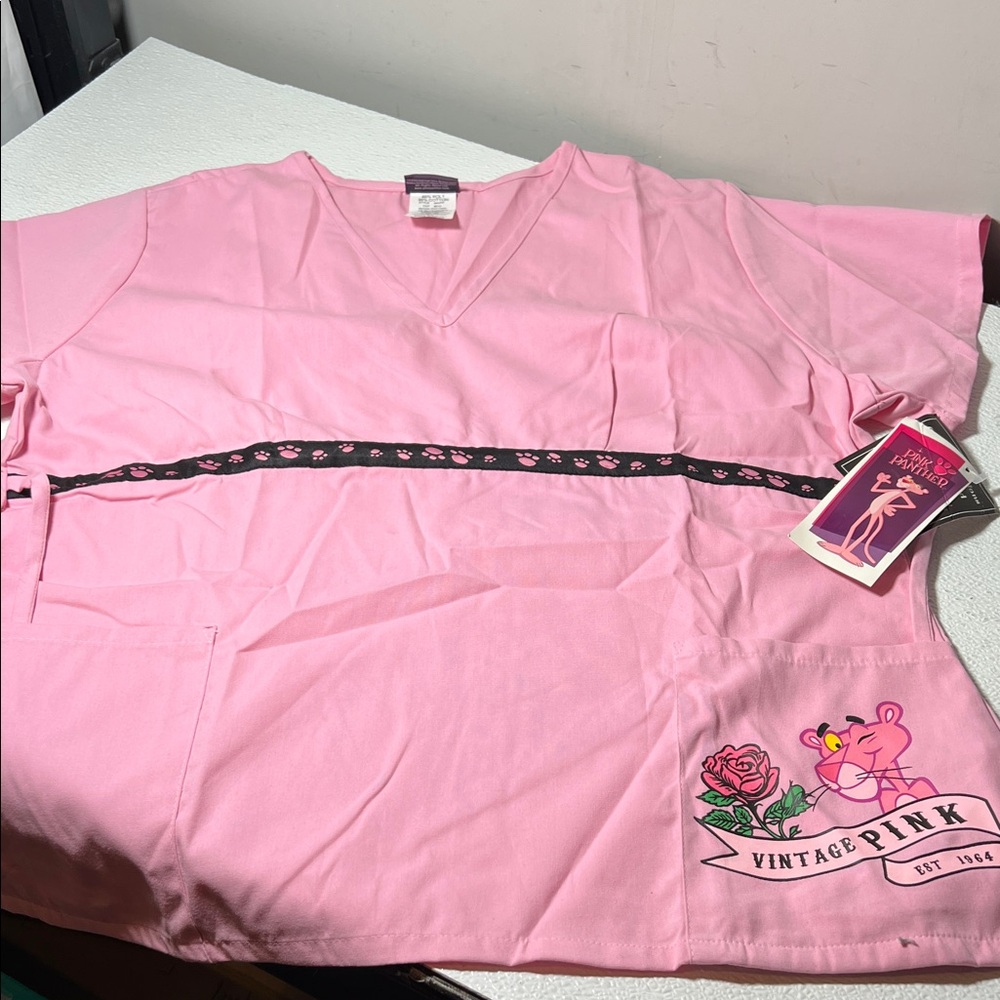 New Pink Panther Scrub Top Decorative Paw Print Braid on Front Size XL
